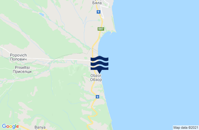 Mapa da tábua de marés em Obzor, Bulgaria
