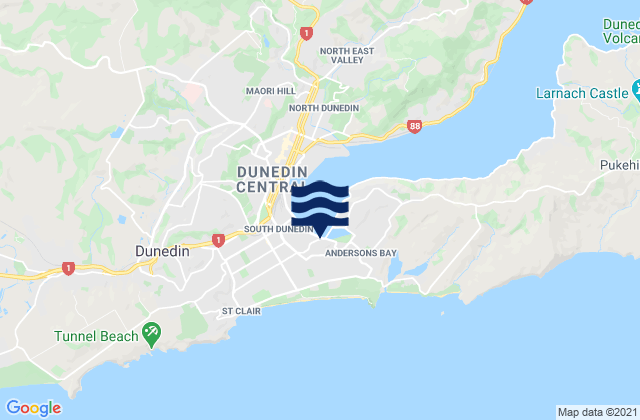 Mapa da tábua de marés em Ocean Beach, New Zealand