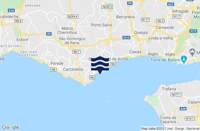 Mapa da tábua de marés em Oeiras, Portugal