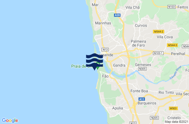 Mapa da tábua de marés em Ofir, Portugal