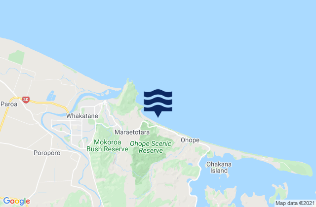 Mapa da tábua de marés em Ohope Beach, New Zealand