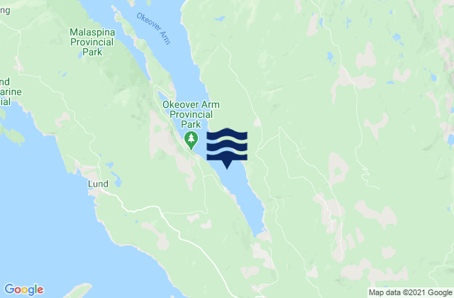 Mapa da tábua de marés em Okeover Inlet, Canada