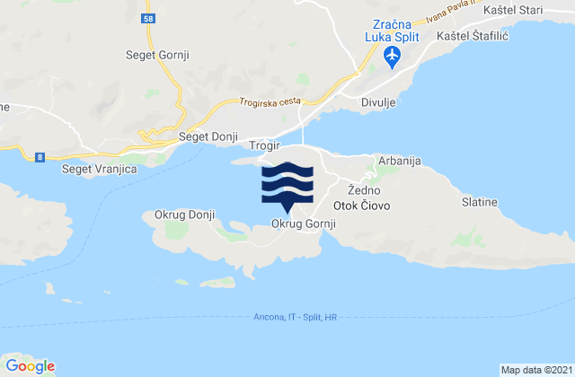 Mapa da tábua de marés em Okrug Gornji, Croatia