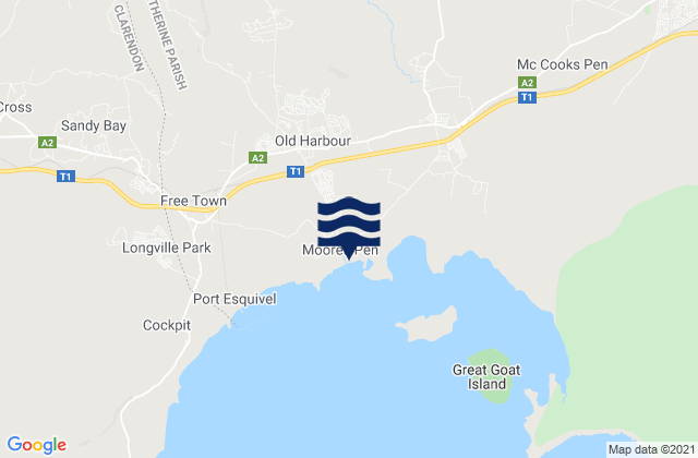 Mapa da tábua de marés em Old Harbour Bay, Jamaica