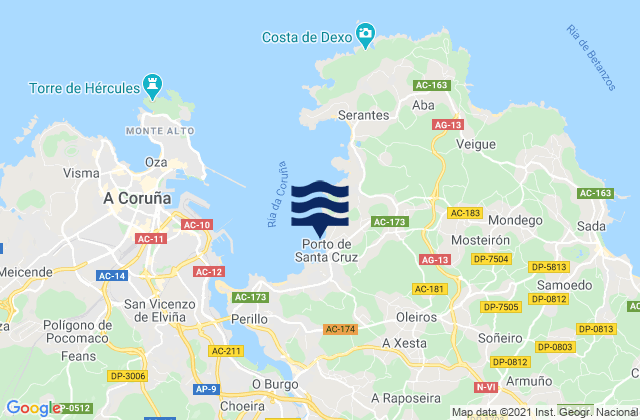 Mapa da tábua de marés em Oleiros, Spain