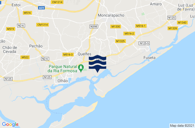 Mapa da tábua de marés em Olhão, Portugal