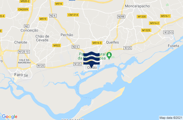 Mapa da tábua de marés em Olhão, Portugal