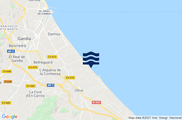 Mapa da tábua de marés em Oliva, Spain