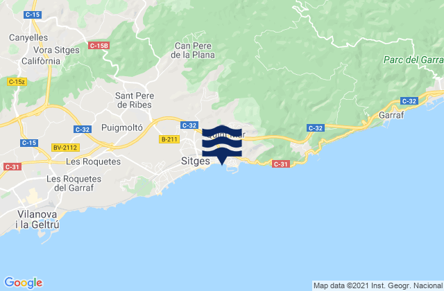 Mapa da tábua de marés em Olivella, Spain