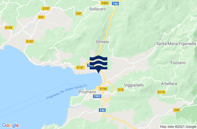 Mapa da tábua de marés em Olmeto, France