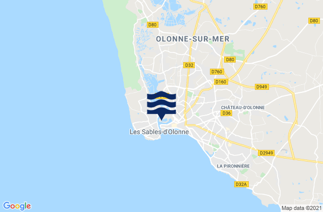 Mapa da tábua de marés em Olonne-sur-Mer, France