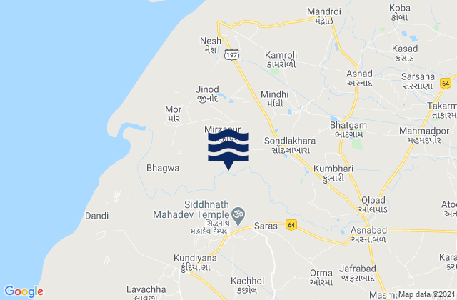 Mapa da tábua de marés em Olpād, India
