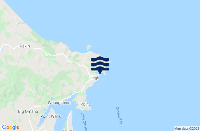 Mapa da tábua de marés em Omaha Cove, New Zealand