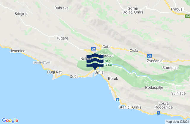 Mapa da tábua de marés em Omiš, Croatia