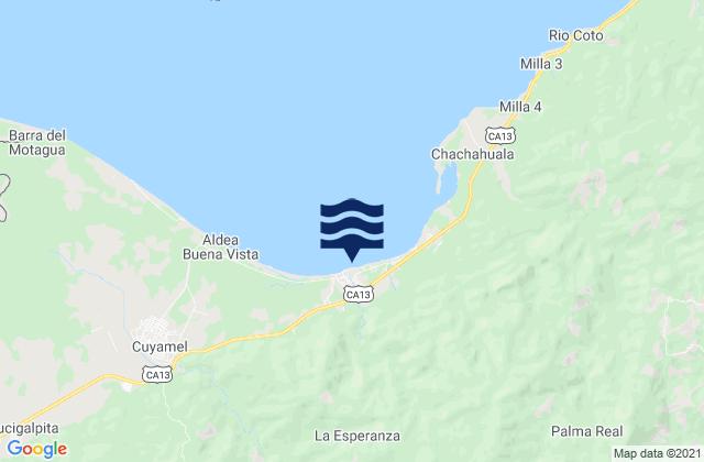 Mapa da tábua de marés em Omoa, Honduras