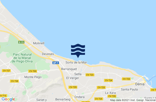 Mapa da tábua de marés em Ondara, Spain