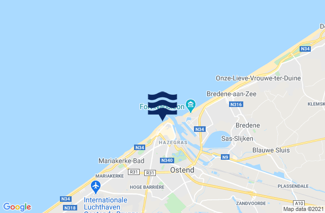 Mapa da tábua de marés em Oostende, Belgium