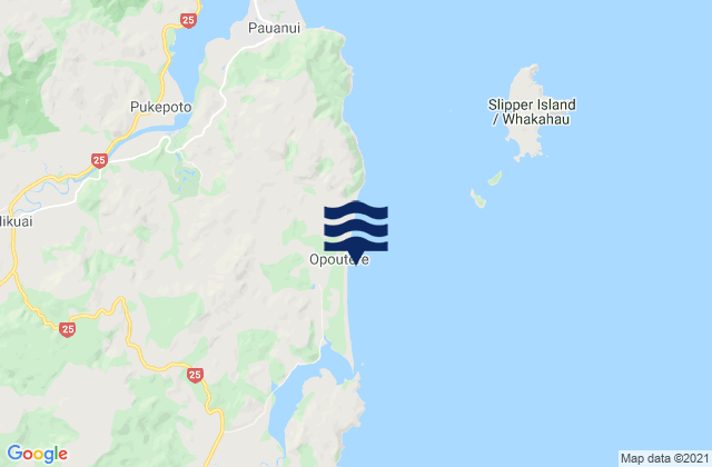 Mapa da tábua de marés em Opoutere Beach, New Zealand