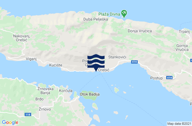 Mapa da tábua de marés em Orebić, Croatia