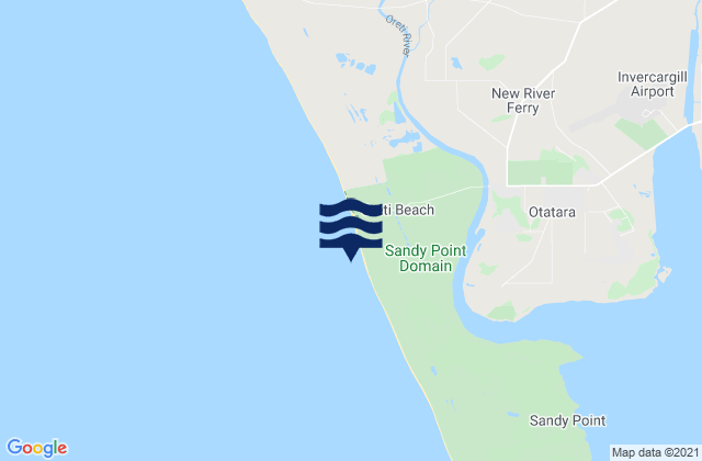Mapa da tábua de marés em Oreti Beach, New Zealand