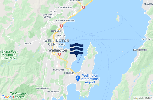 Mapa da tábua de marés em Oriental Bay, New Zealand
