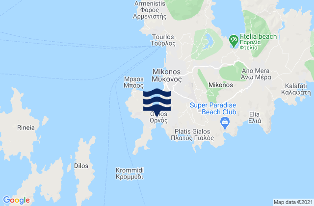 Mapa da tábua de marés em Ornós, Greece