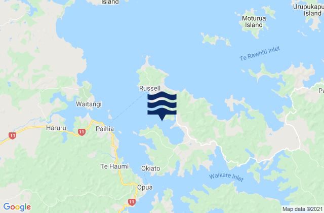 Mapa da tábua de marés em Orongo Bay, New Zealand