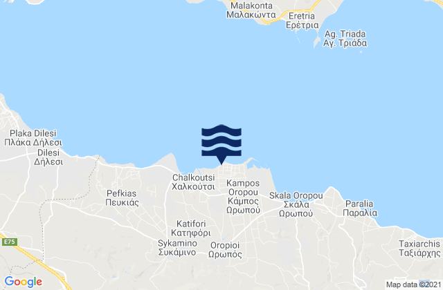 Mapa da tábua de marés em Oropós, Greece
