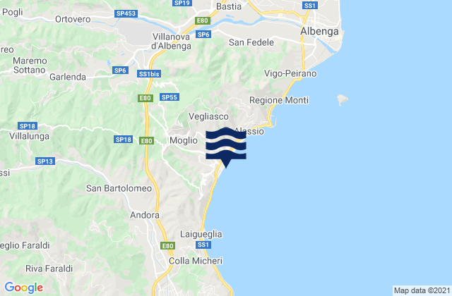 Mapa da tábua de marés em Ortovero, Italy