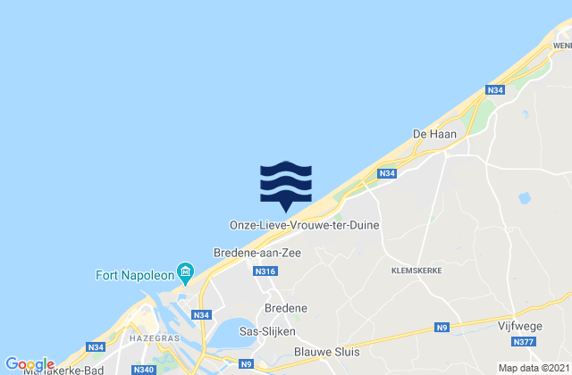 Mapa da tábua de marés em Oudenburg, Belgium
