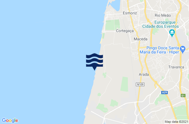 Mapa da tábua de marés em Ovar, Portugal