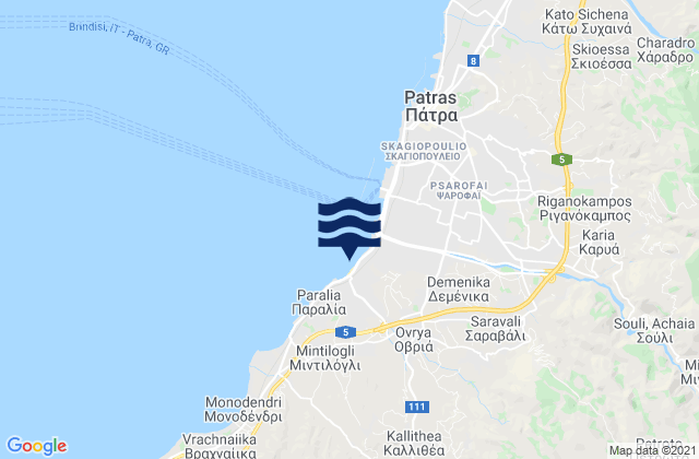 Mapa da tábua de marés em Ovriá, Greece