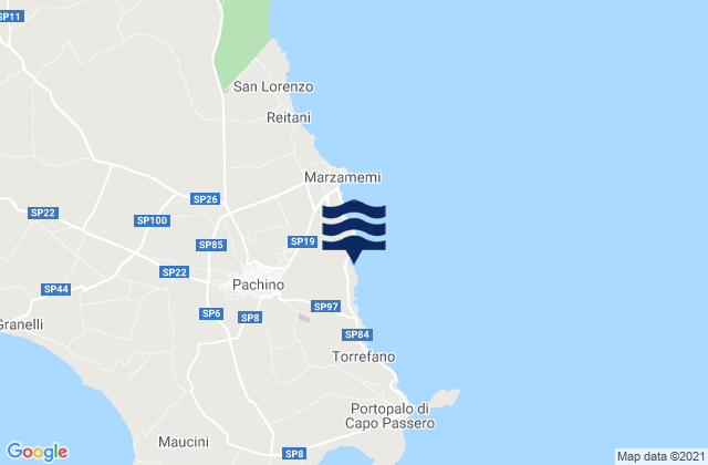 Mapa da tábua de marés em Pachino, Italy