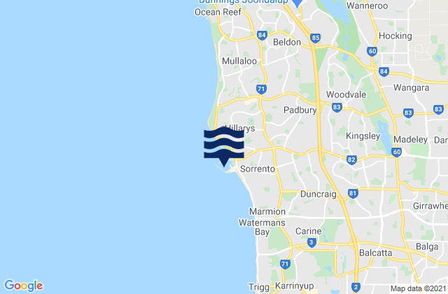 Mapa da tábua de marés em Padbury, Australia