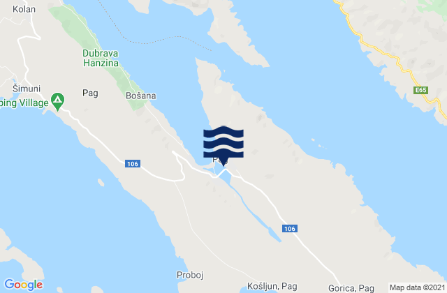 Mapa da tábua de marés em Pag, Croatia
