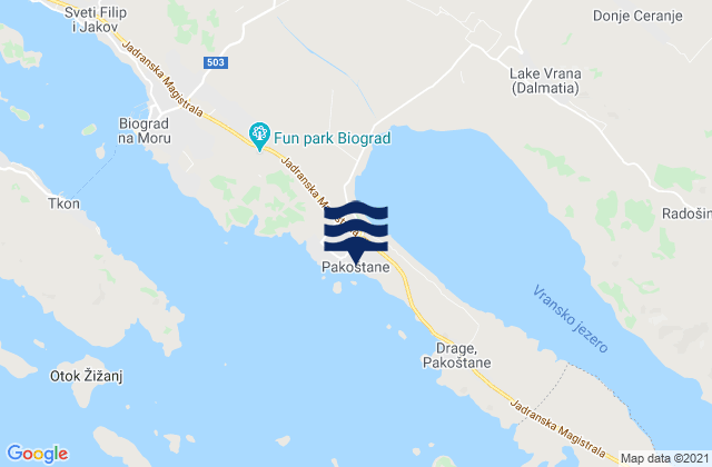 Mapa da tábua de marés em Pakoštane, Croatia