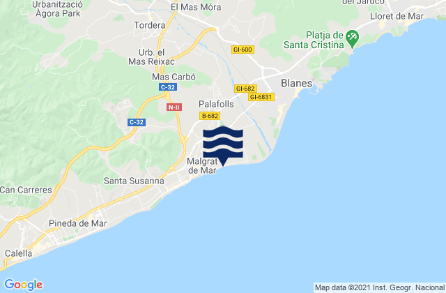 Mapa da tábua de marés em Palafolls, Spain