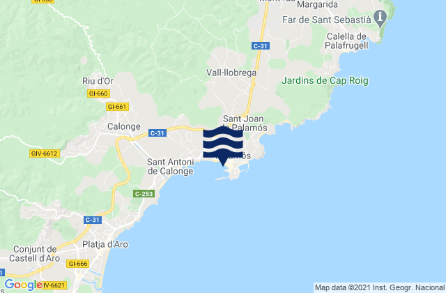 Mapa da tábua de marés em Palamós, Spain