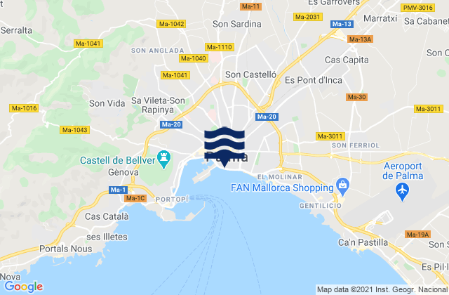 Mapa da tábua de marés em Palma, Spain
