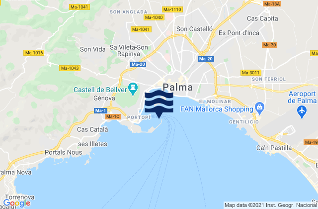 Mapa da tábua de marés em Palma de Mallorca, Spain