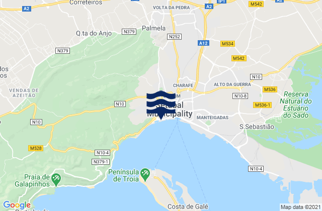 Mapa da tábua de marés em Palmela, Portugal