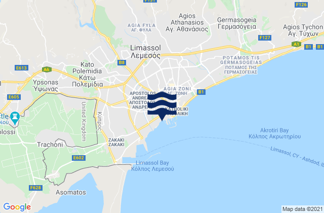 Mapa da tábua de marés em Palódeia, Cyprus