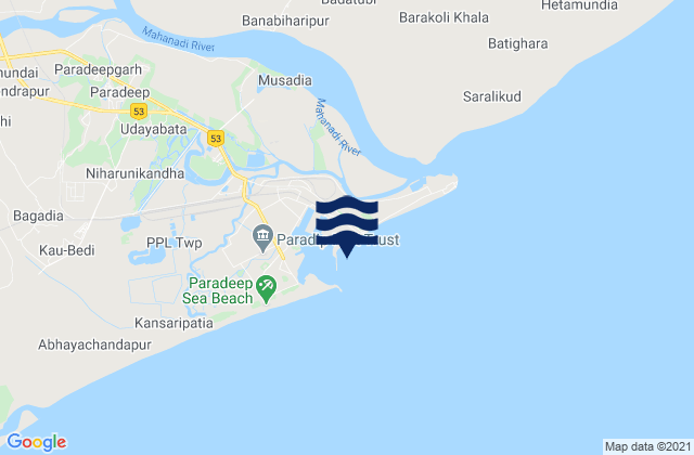 Mapa da tábua de marés em Paradwip, India