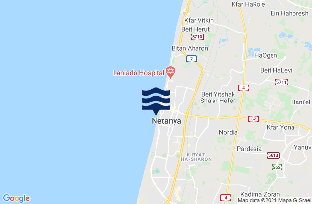 Mapa da tábua de marés em Pardesiyya, Israel