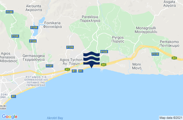 Mapa da tábua de marés em Parekklisiá, Cyprus