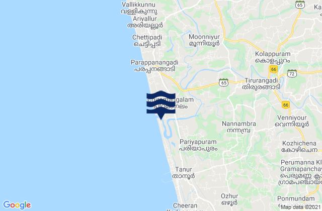 Mapa da tábua de marés em Pariyāpuram, India