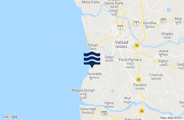 Mapa da tábua de marés em Parnera, India