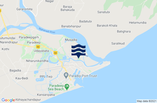 Mapa da tábua de marés em Parādīp Garh, India