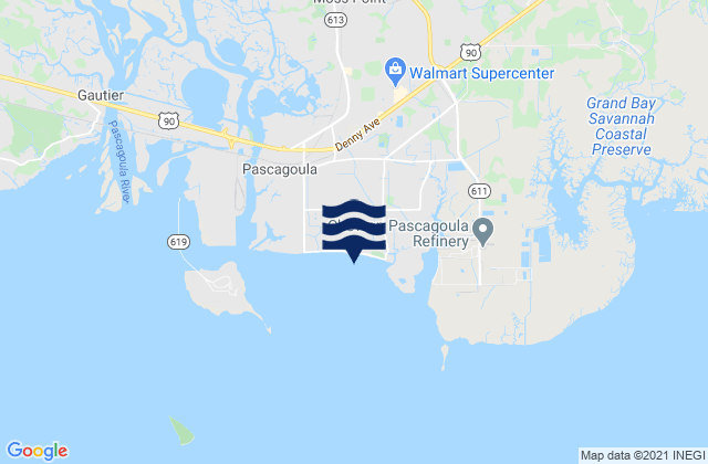 Mapa da tábua de marés em Pascagoula Mississippi Sound, United States