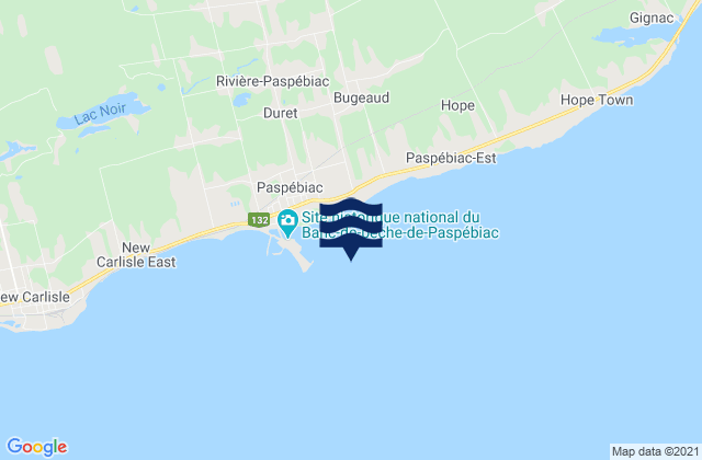 Mapa da tábua de marés em Paspebiac, Canada